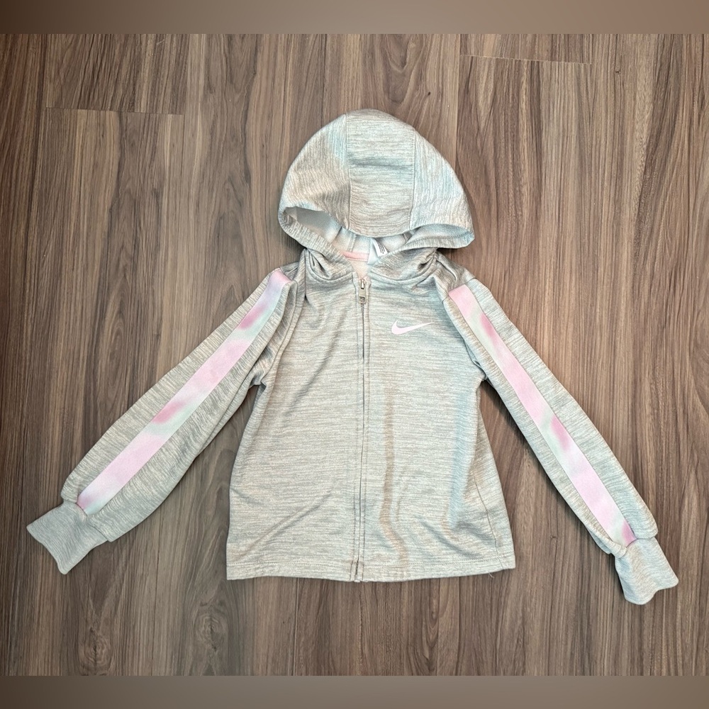 Nike Girls Therma Fit Gray Full Zip Jacket with Pink Stripes size 6X